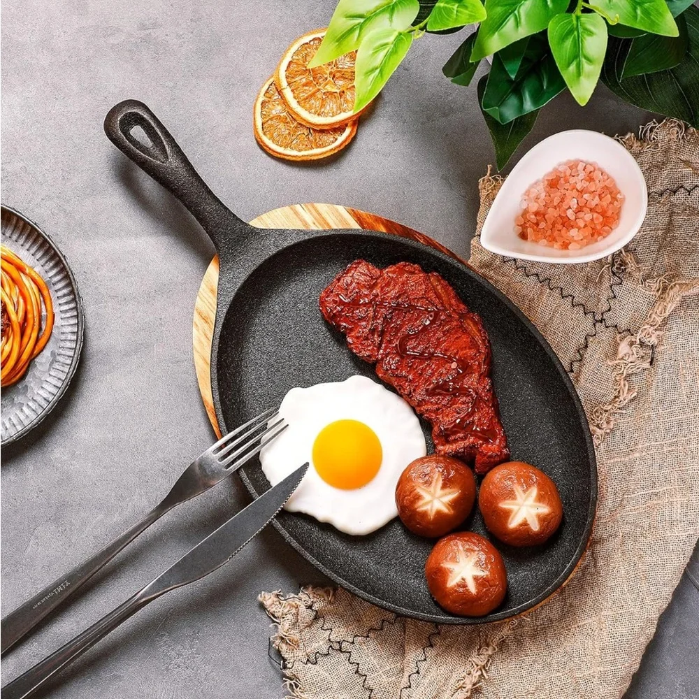 NWOT Cast Iron Fajita Plate Sizzler Pan with Wooden Tray & Hot Mitt